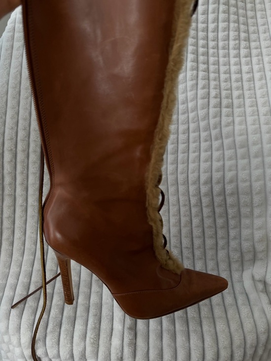Manolo Blahnik Shoes - Manolo Blahnik Chestnut Brown Leather Fur-Trim Knee Boot